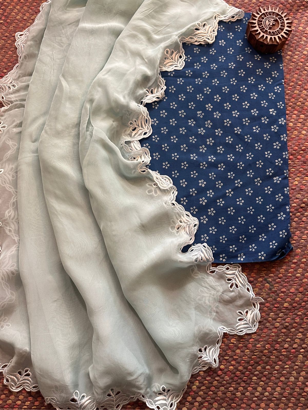 Pure Cotton Indigo Handblocked Fabric with Exclusive Cutwork Organza Dupatta