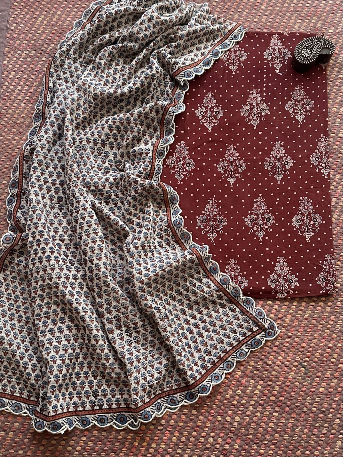 Ajrakh Cotton Malmal Handblocked Set- Top & Dupatta