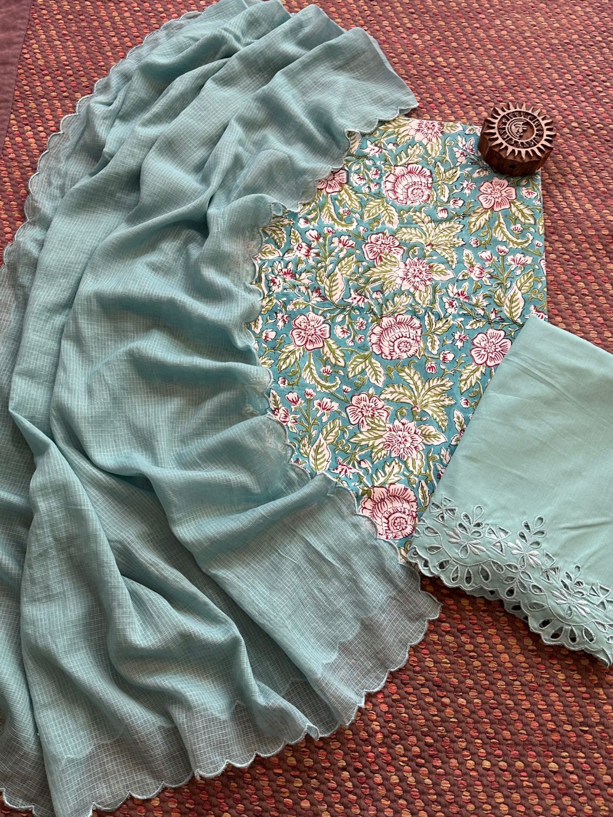 Pure Cotton Hand-blocked Fabric with Cutwork Bottom & Kota Doria Dupatta