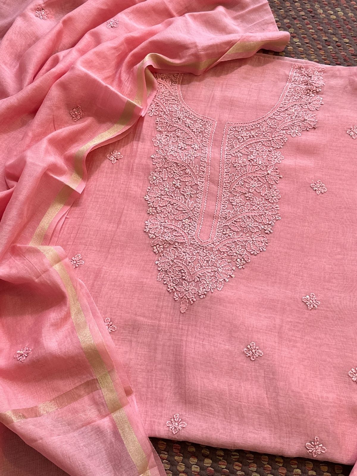 Premium Pastel Pink Shade Malmal Maheswari Chikankari Set