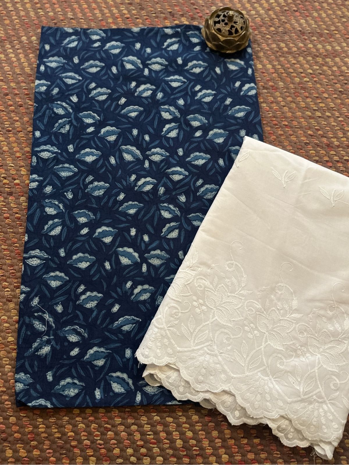Pure Cotton Indigo Handblocked Fabric with Embroidered Bottom