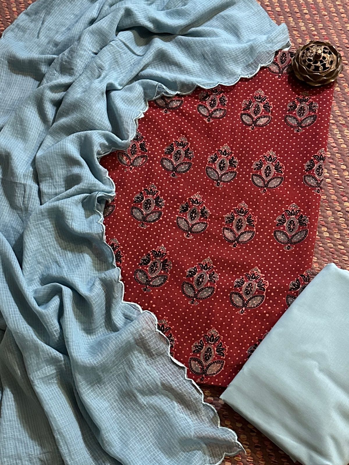 Pure Cotton Malmal Handblocked Ajrak Fabric Set