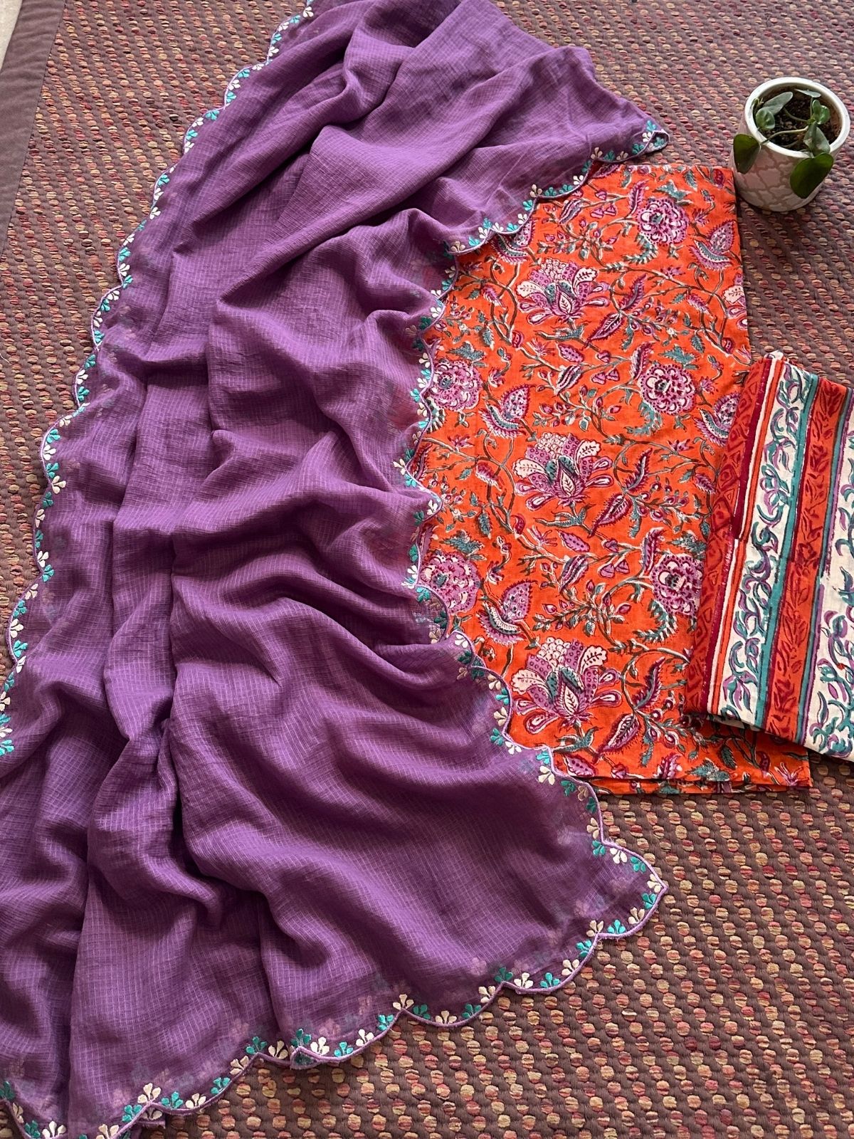 Pure Cotton Mul Hand-blocked Set with Embroidered Dupatta