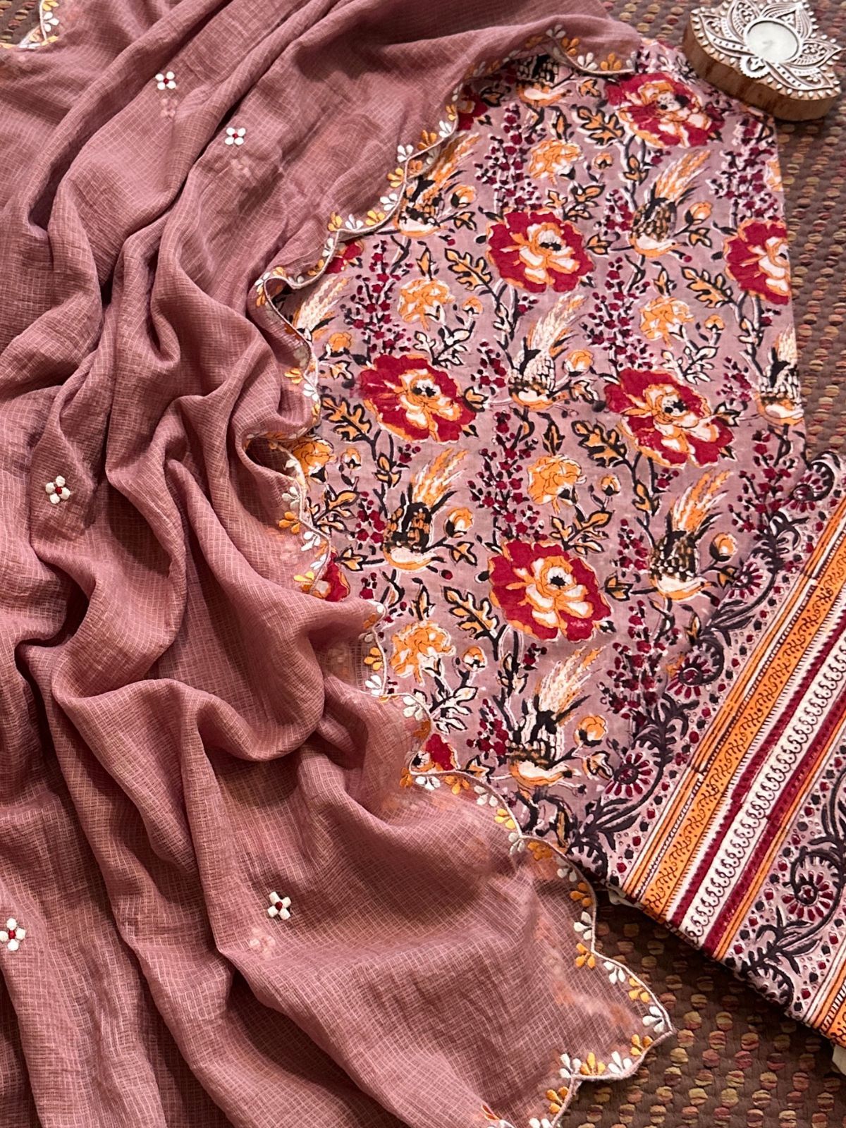 Premium Pure Cotton Malmal Hand blocked Set with Embroidered Dupatta