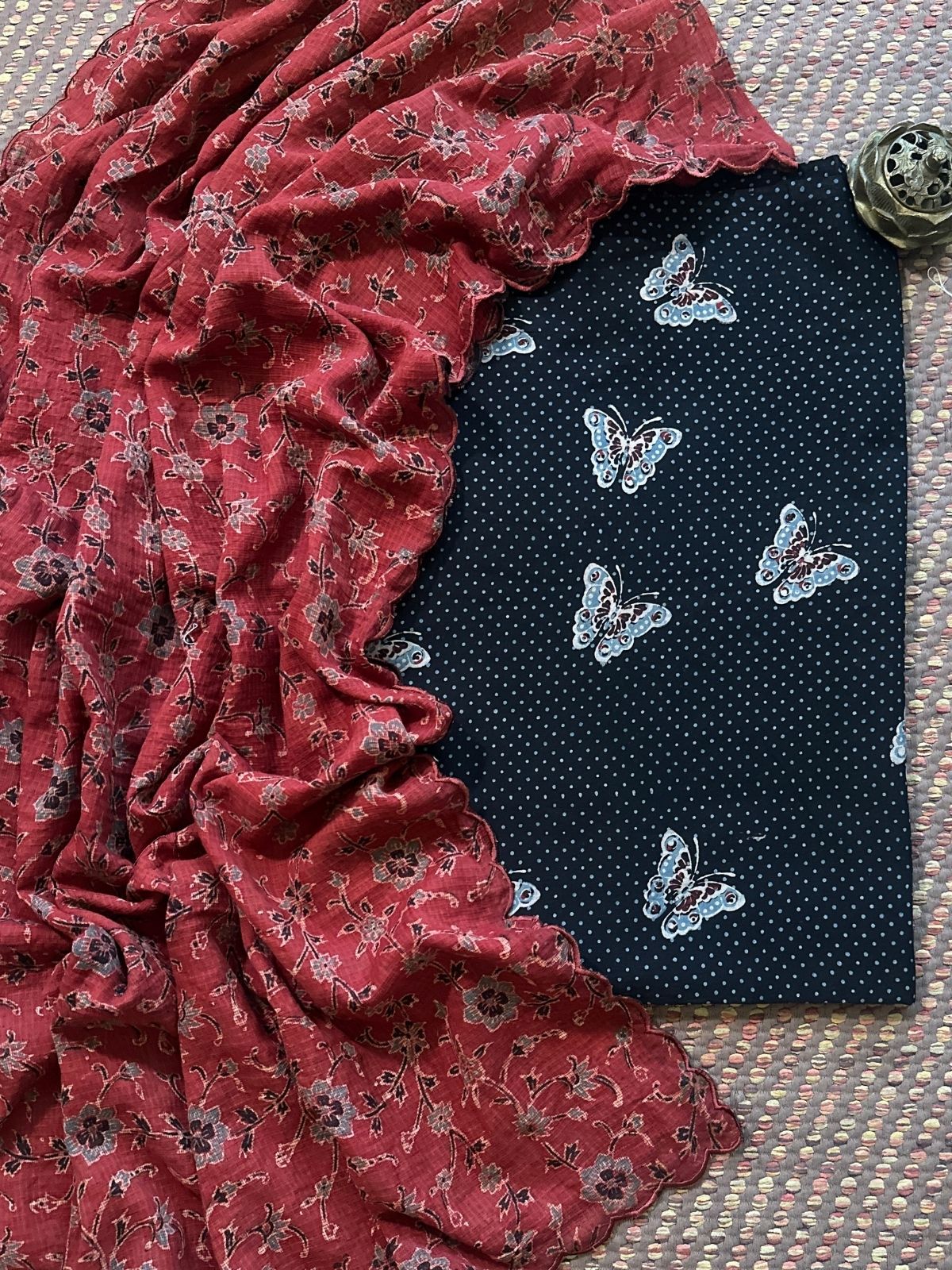 Ajrakh Cotton Malmal Handblocked Set- Top & Dupatta