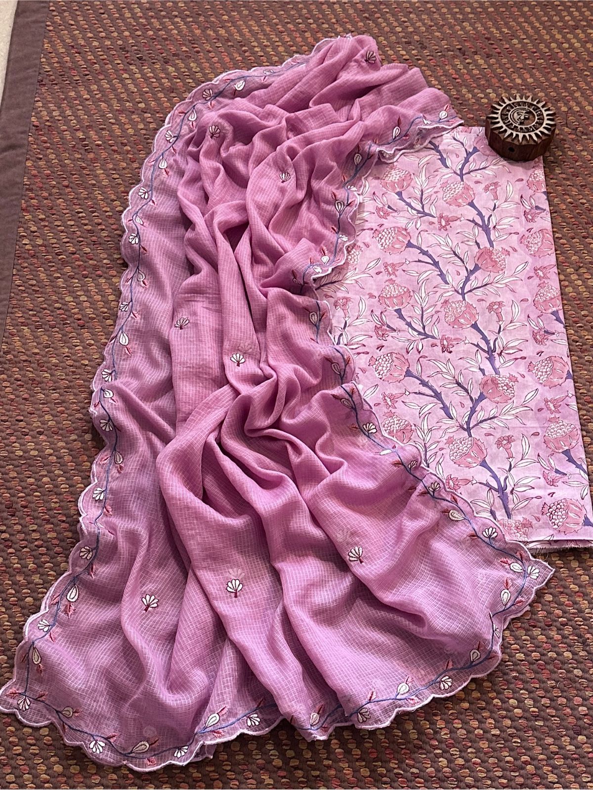 Pure Cotton Hand-blocked fabric set with Embroidered Dupatta