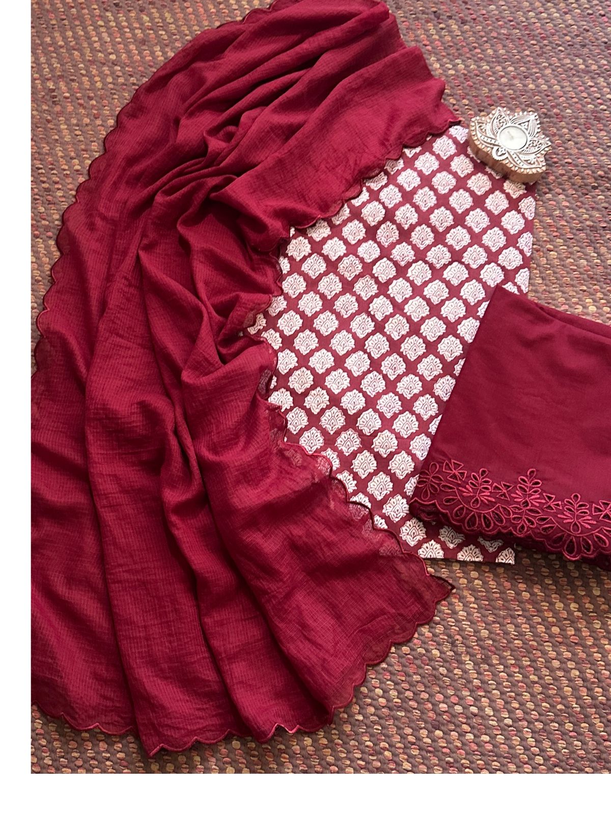Pure Cotton Hand-blocked Fabric with Cutwork Bottom & Kota Doria Dupatta