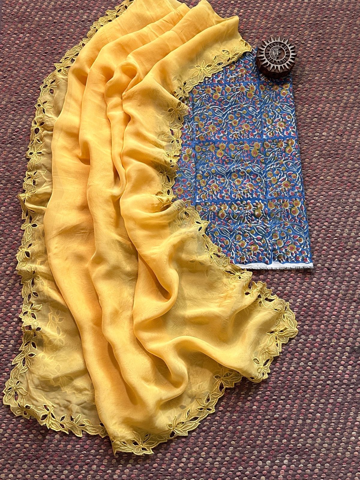 Pure Cotton Malmal Handblocked Fabric with Exclusive Cutwork Organza Dupatta