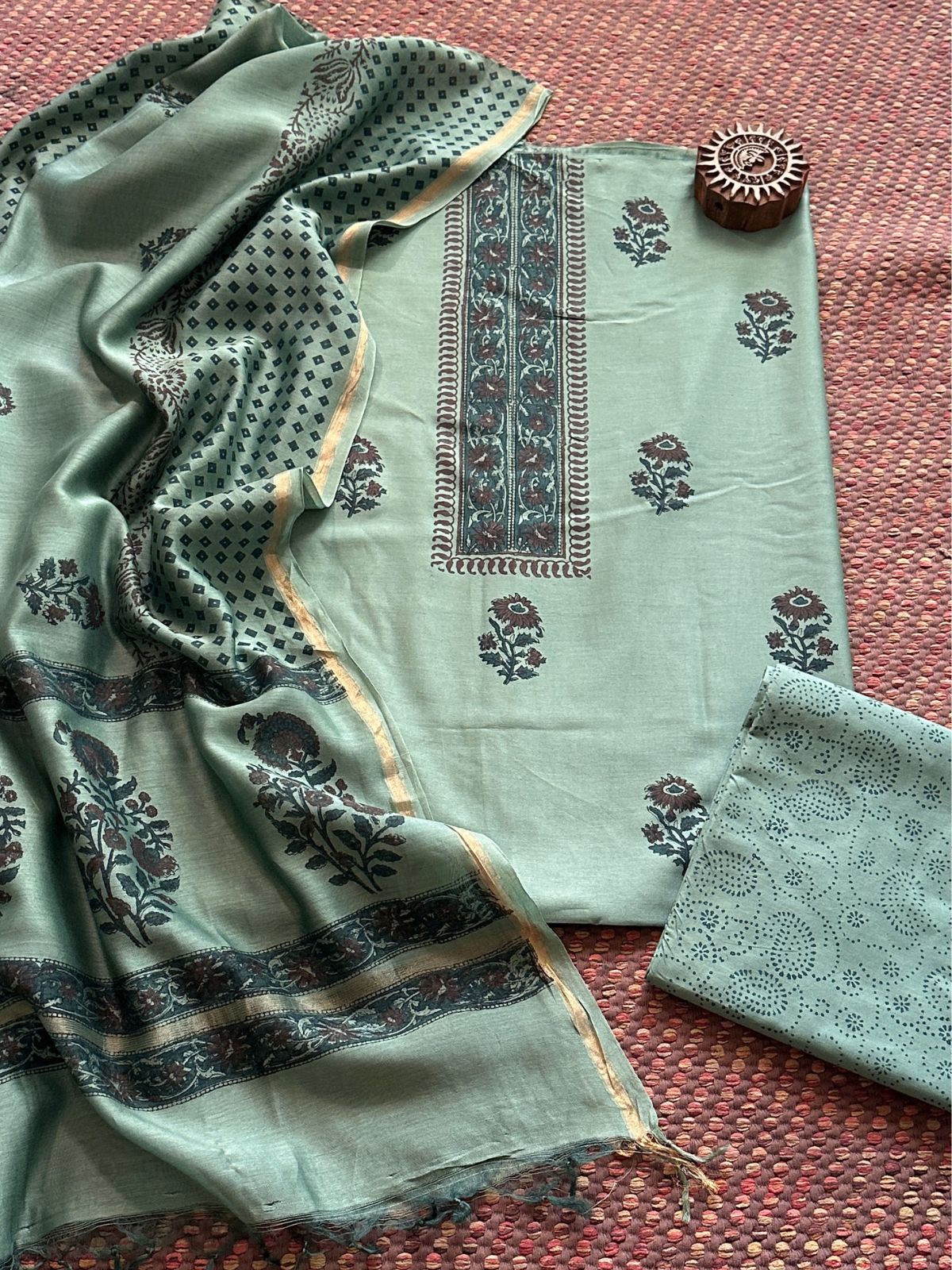 Hand-blocked Maheswari Unstitched Set
