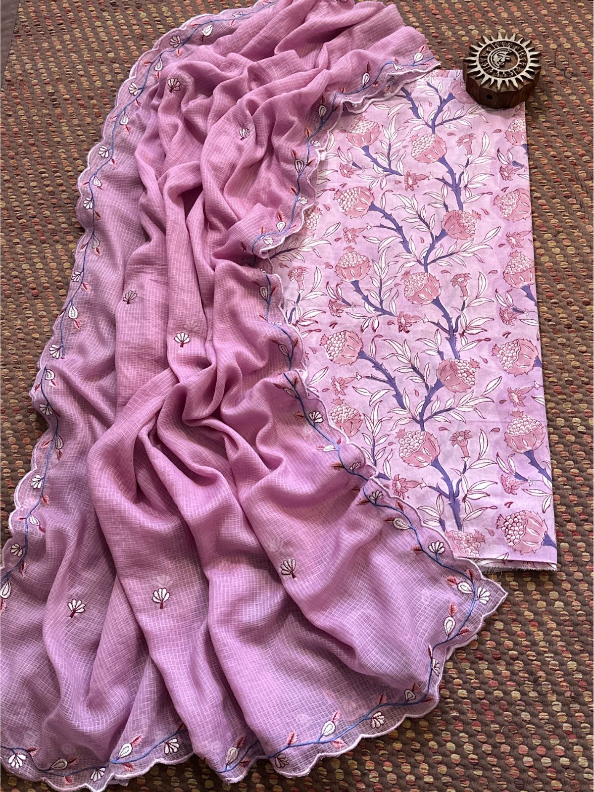 Pure Cotton Hand-blocked fabric set with Embroidered Dupatta