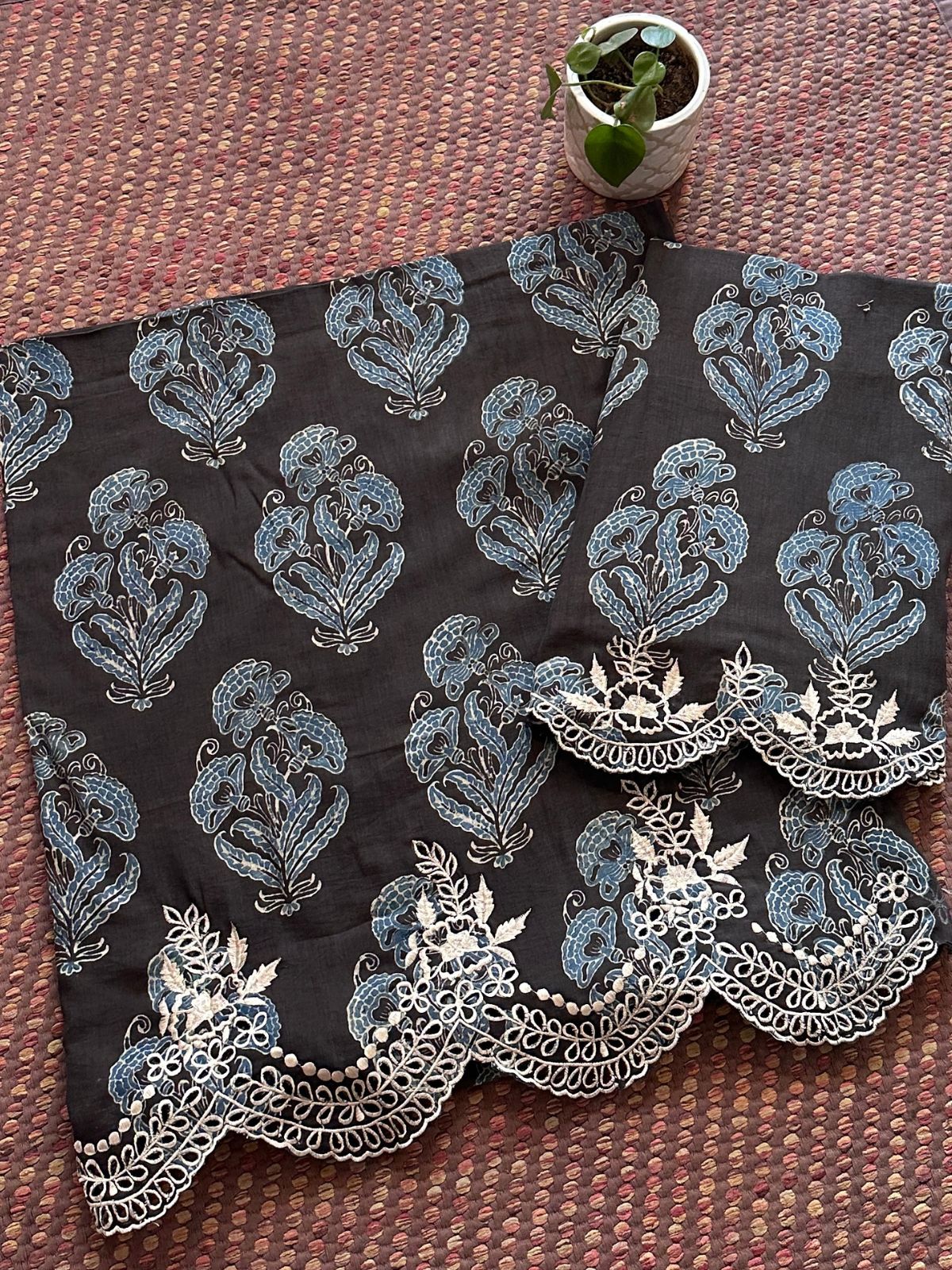 Exclusive Cutwork embroidered Ajrak Cotton Malmal Coord Set