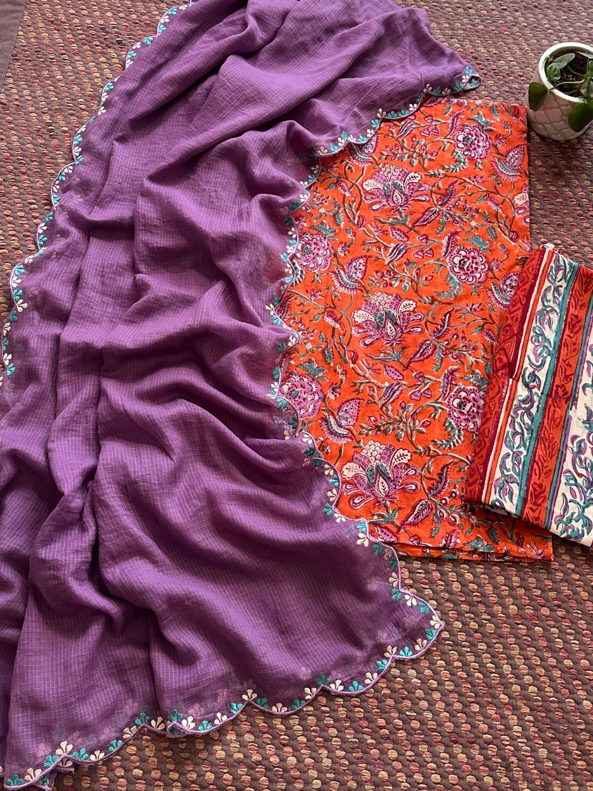 Pure Cotton Mul Hand-blocked Set with Embroidered Dupatta