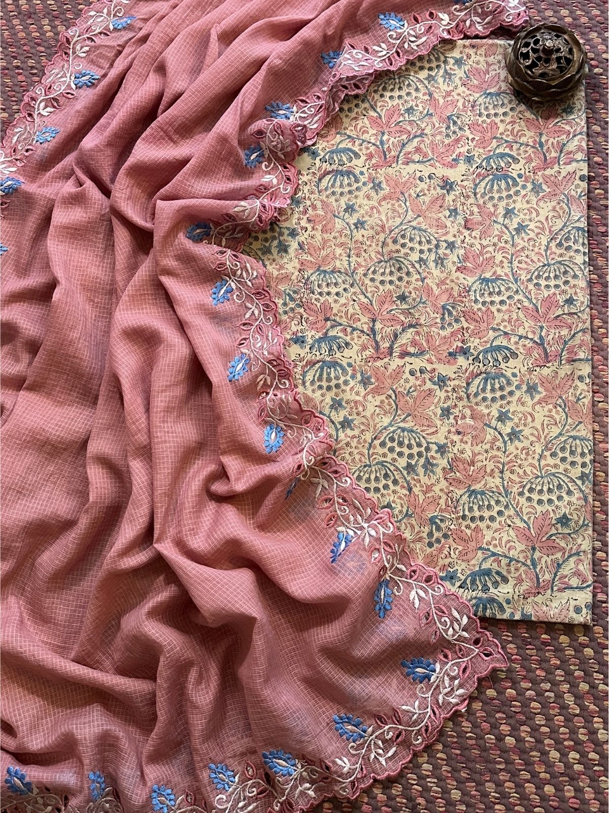 Pure Cotton Malmal Handblock Fabric with Cutwork Embroidered Dupatta