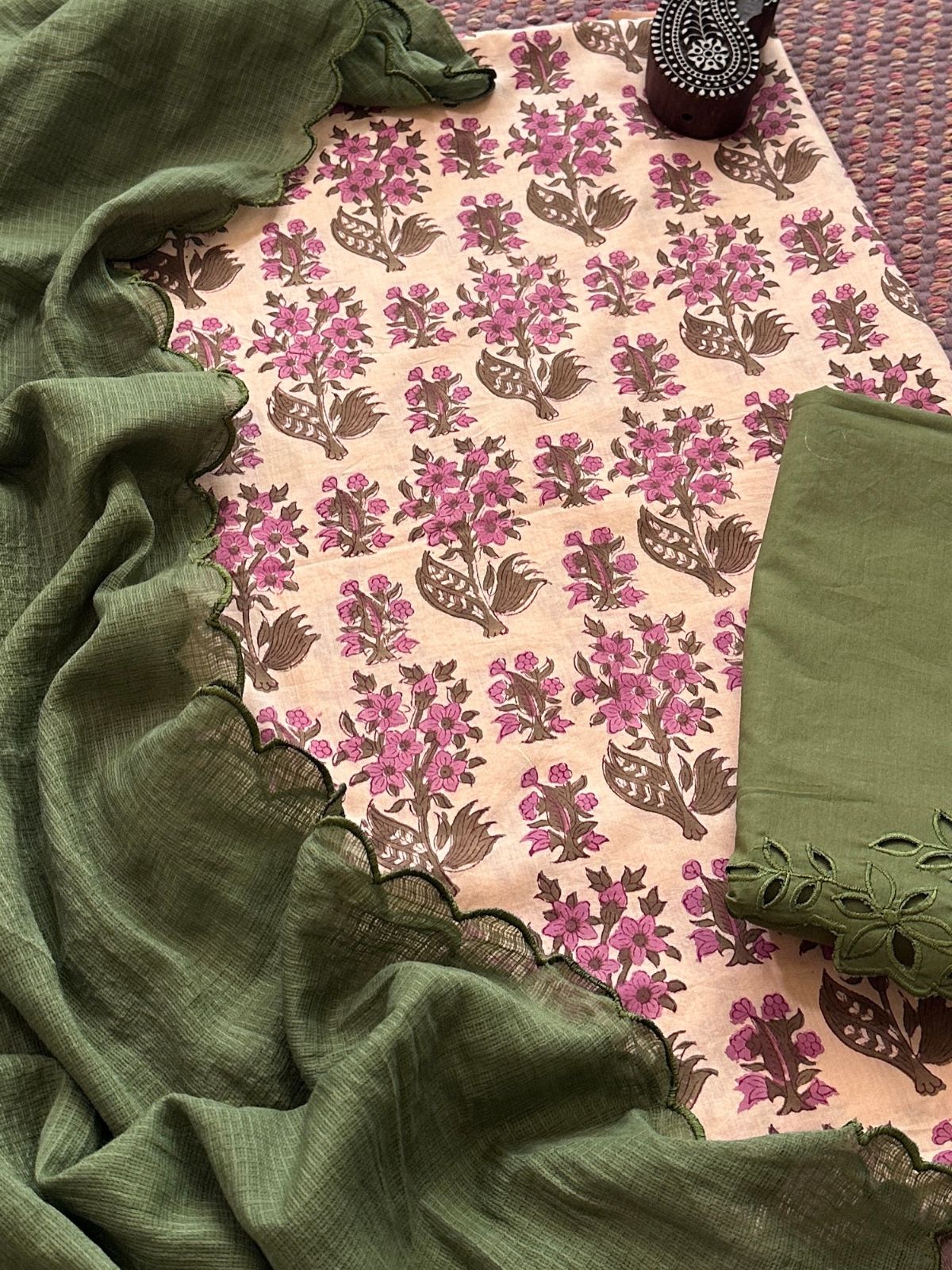 Pure Cotton Hand-blocked Fabric with Cutwork Bottom & Kota Doria Dupatta