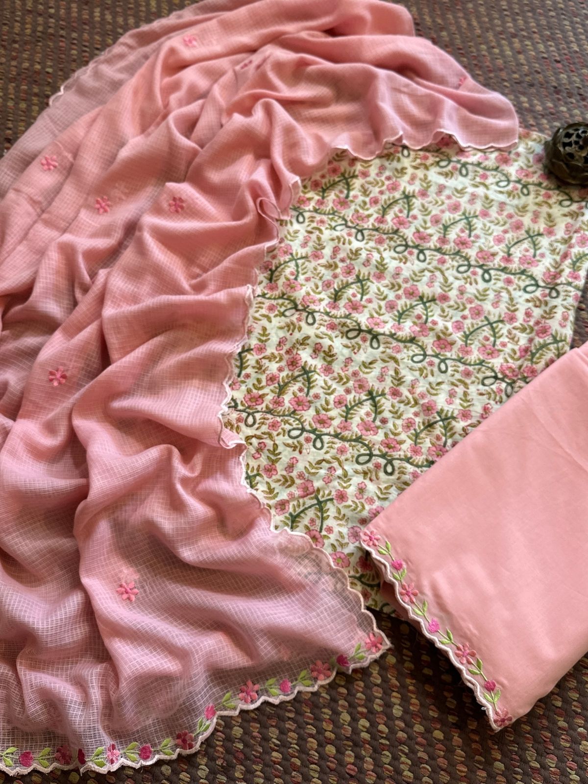 Pure Cotton Malmal Handblocked Fabric with Embroidered Dupatta & Bottom