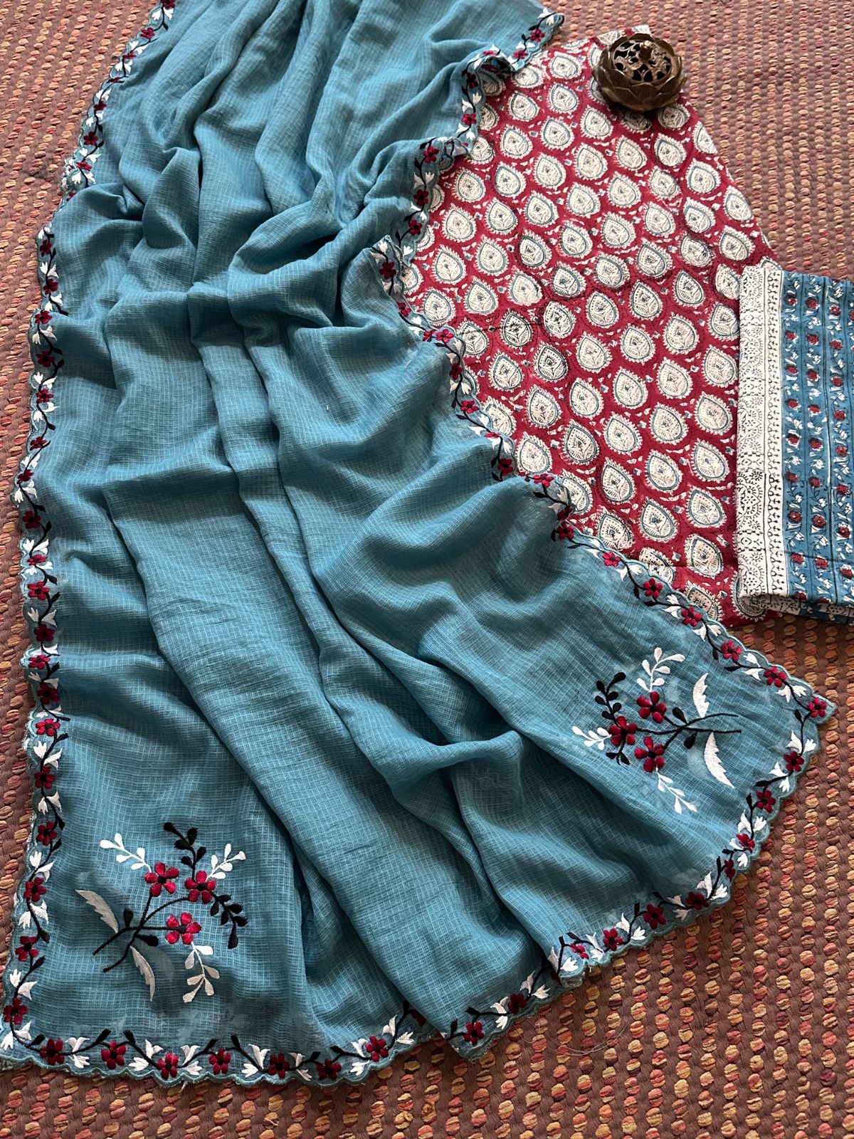 Pure Cotton  Hand blocked Set with Embroidered Dupatta