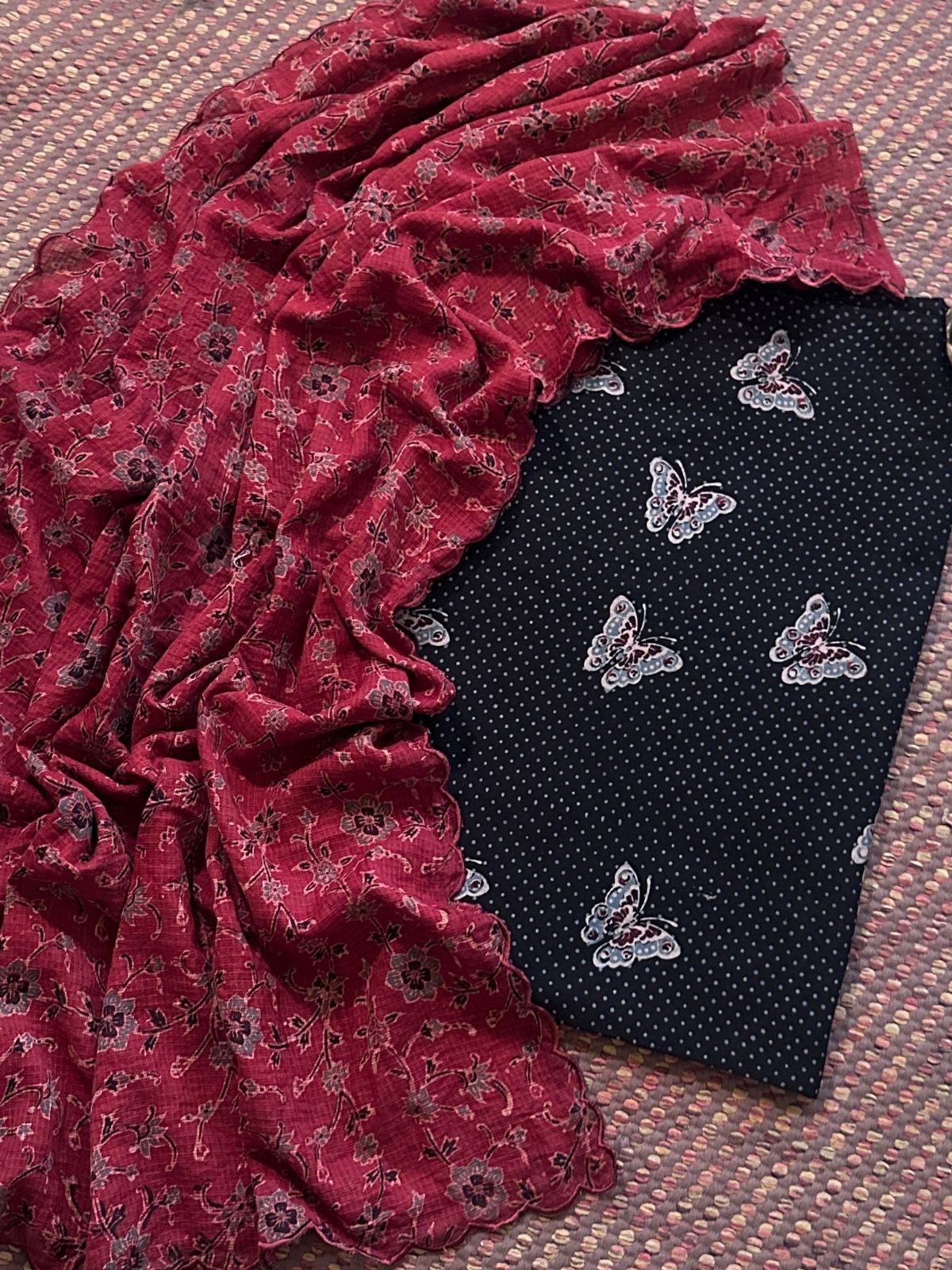 Ajrakh Cotton Malmal Handblocked Set- Top & Dupatta