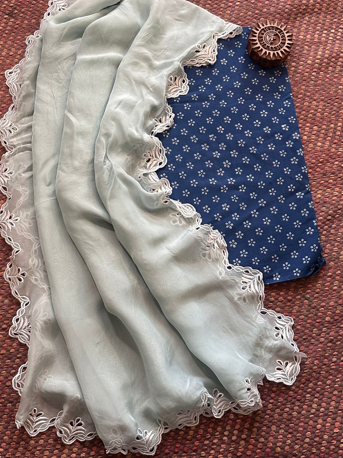 Pure Cotton Indigo Handblocked Fabric with Exclusive Cutwork Organza Dupatta