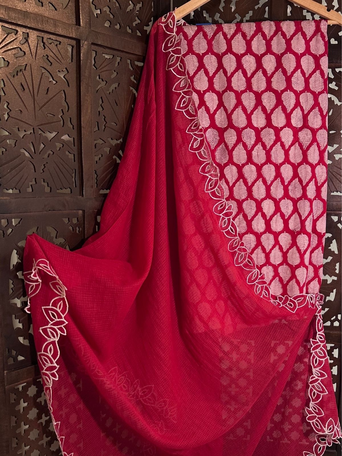 Pure Cotton Handblock Fabric with Cutwork Embroidered Dupatta