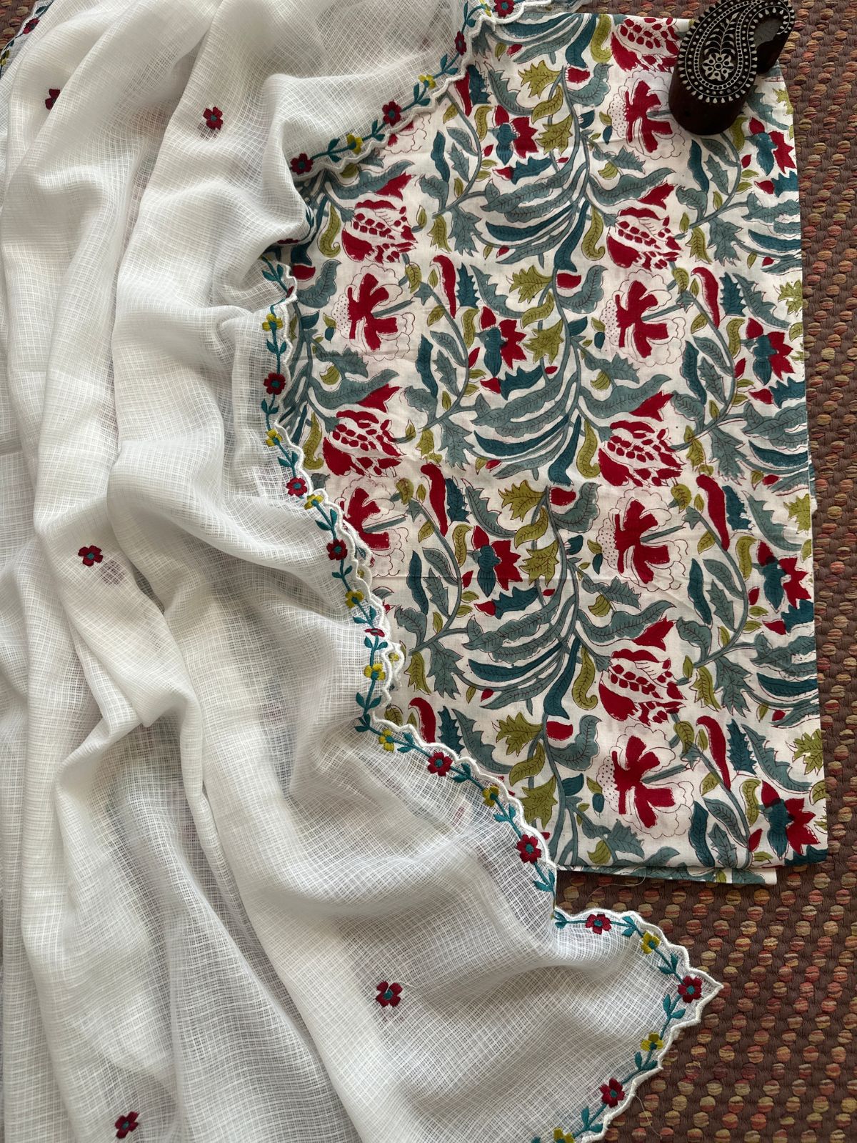 Pure Cotton Hand-blocked Fabric with Exclusive Embroidered Dupatta