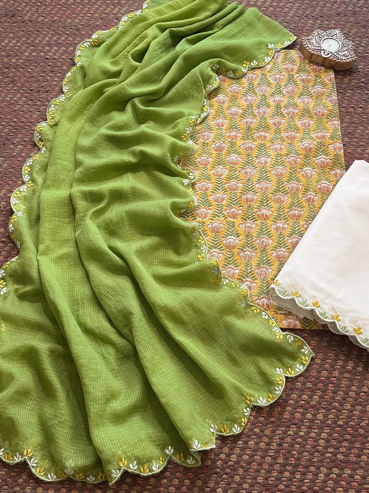 Pure Cotton Hand blocked Set with Embroidered Dupatta