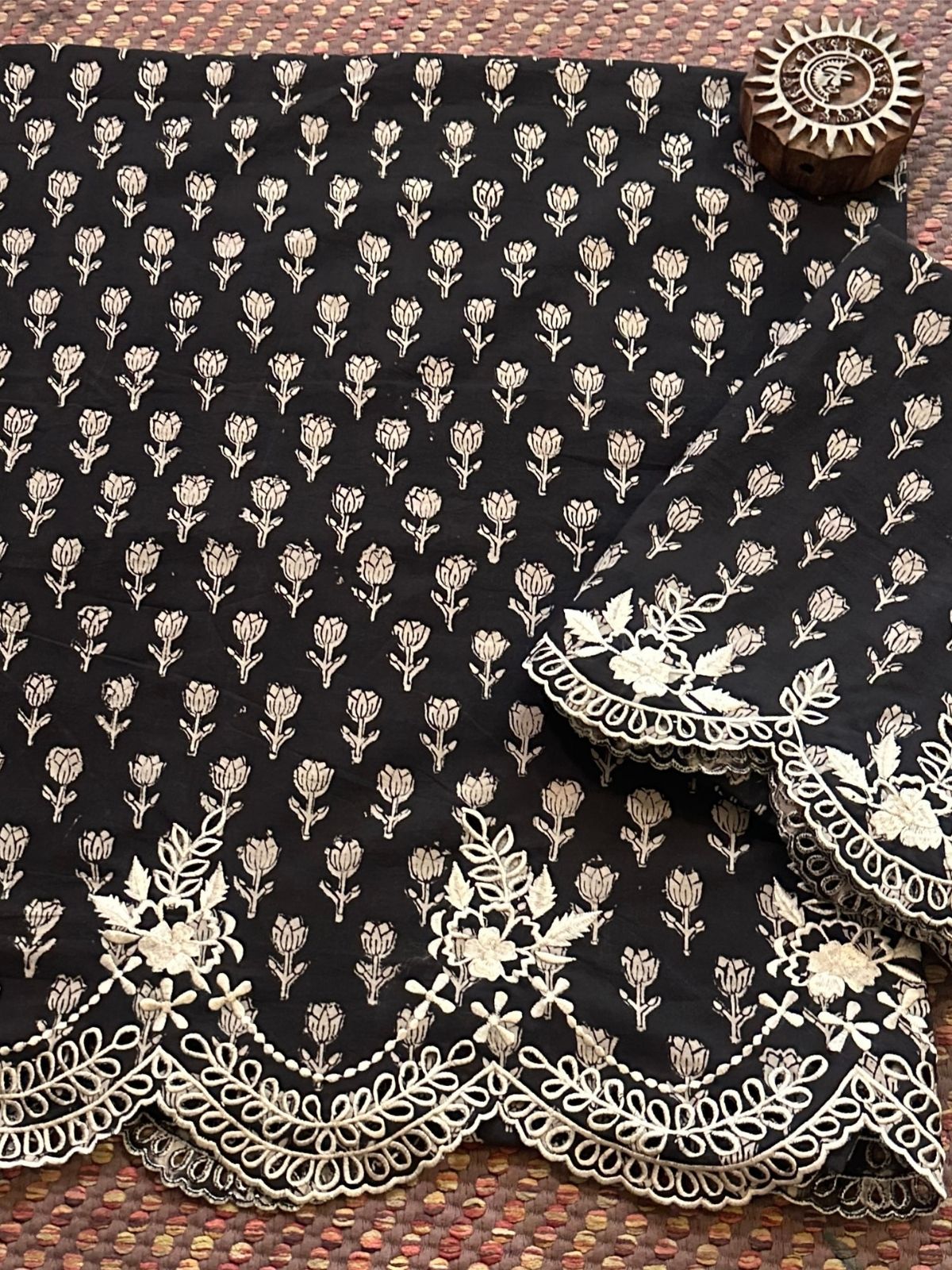 Cutwork Pure Cotton Hand-blocked Coord Set