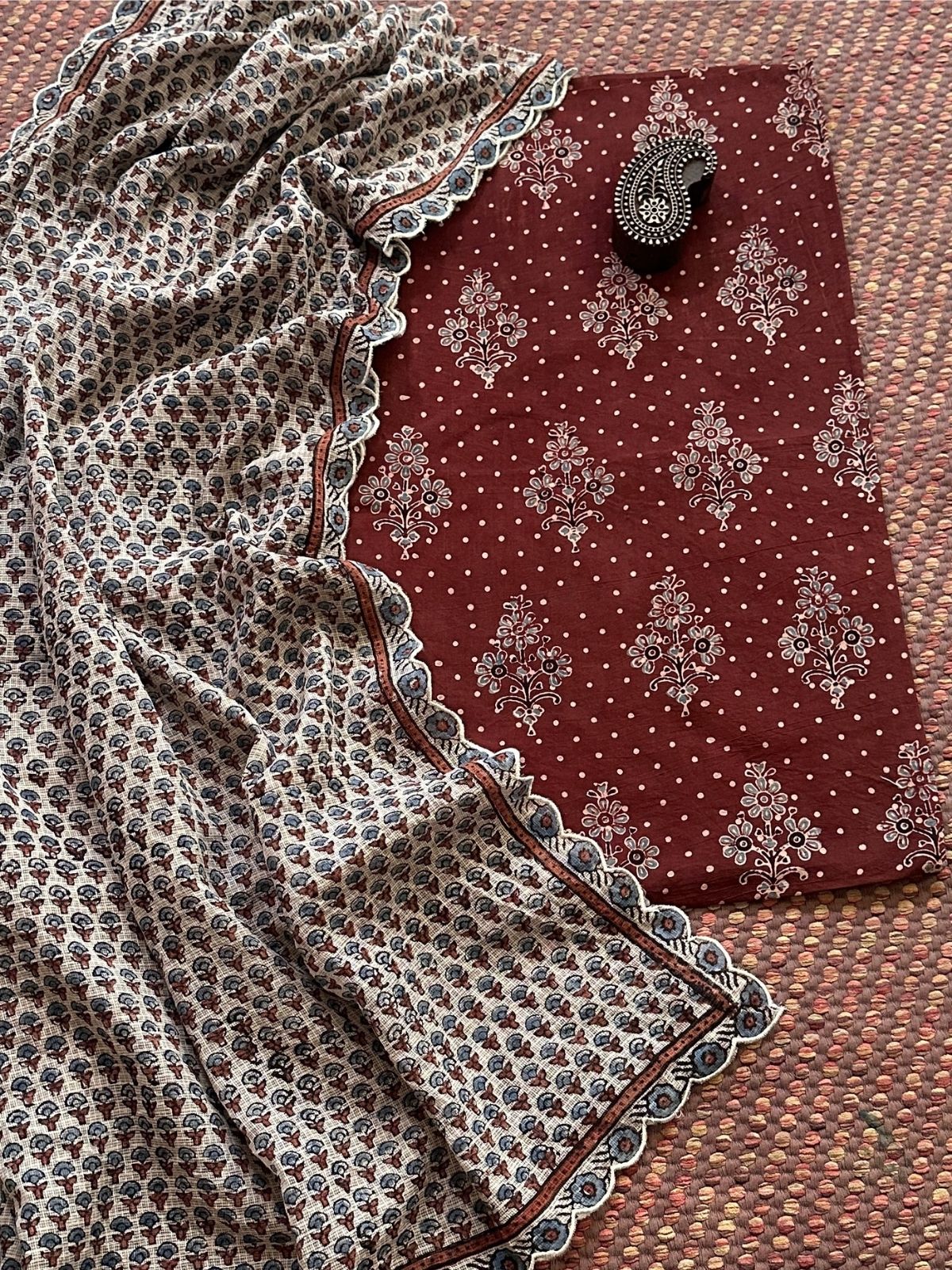 Ajrakh Cotton Malmal Handblocked Set- Top & Dupatta