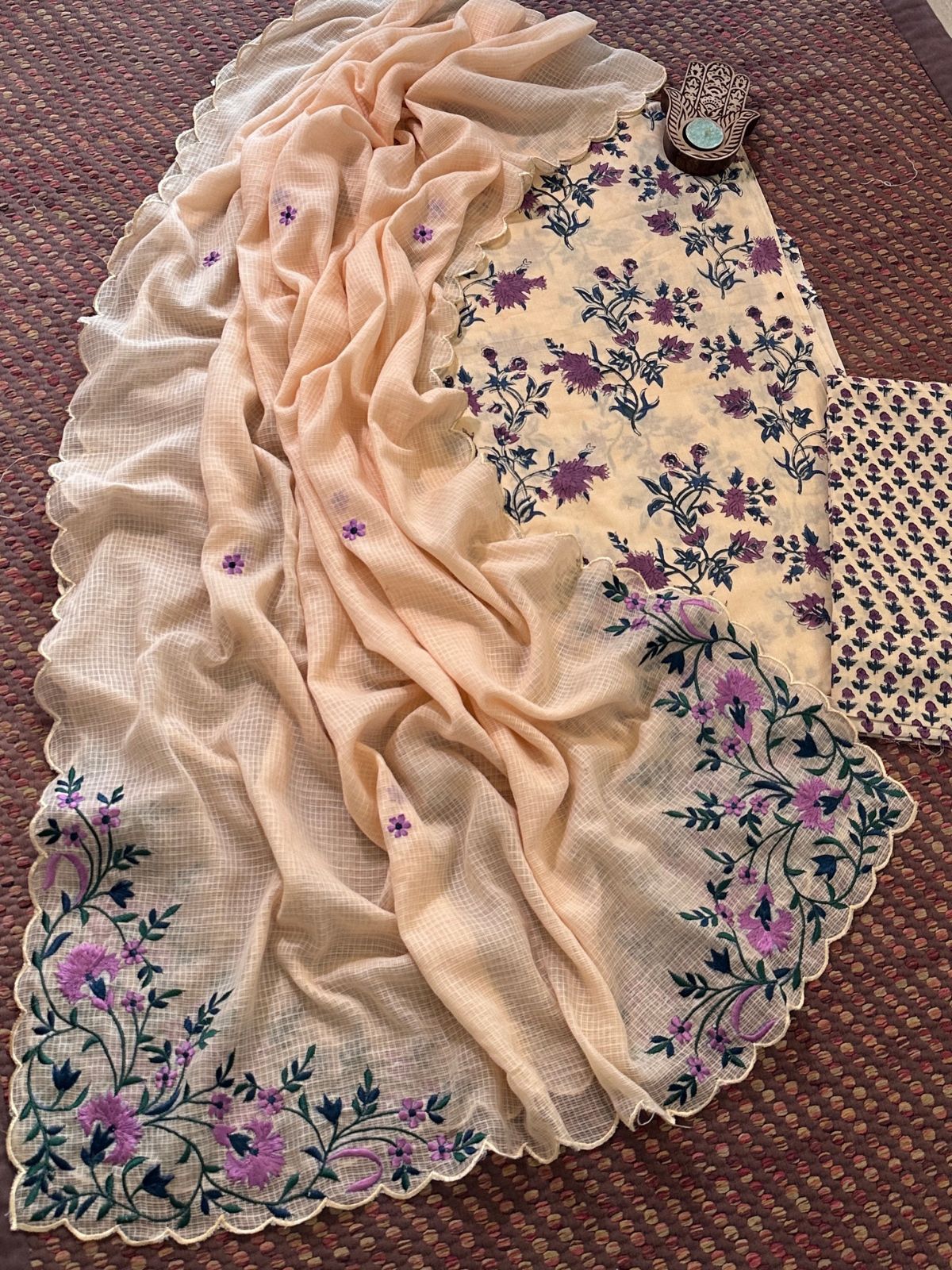 Pure Cotton Handblock Fabric Set with Embroidered Dupatta