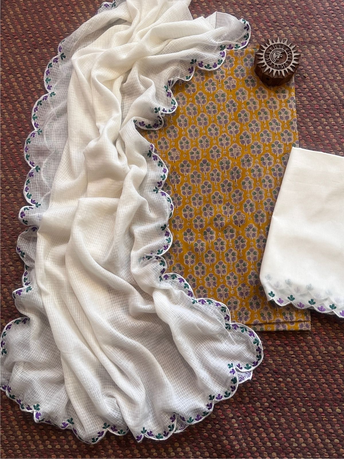 Pure Cotton Hand-block Fabric with Embroidered Bottom & Kota Doria Dupatta