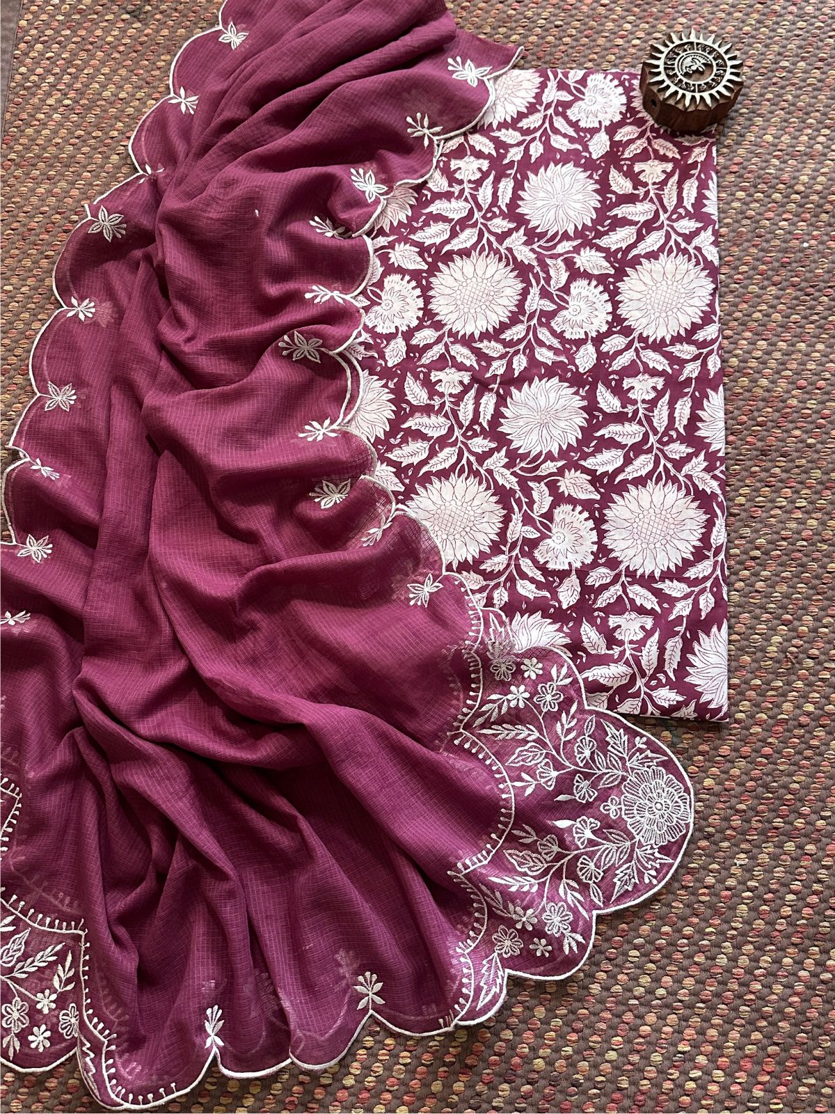 Pure Cotton Hand-blocked fabric set with Embroidered Dupatta