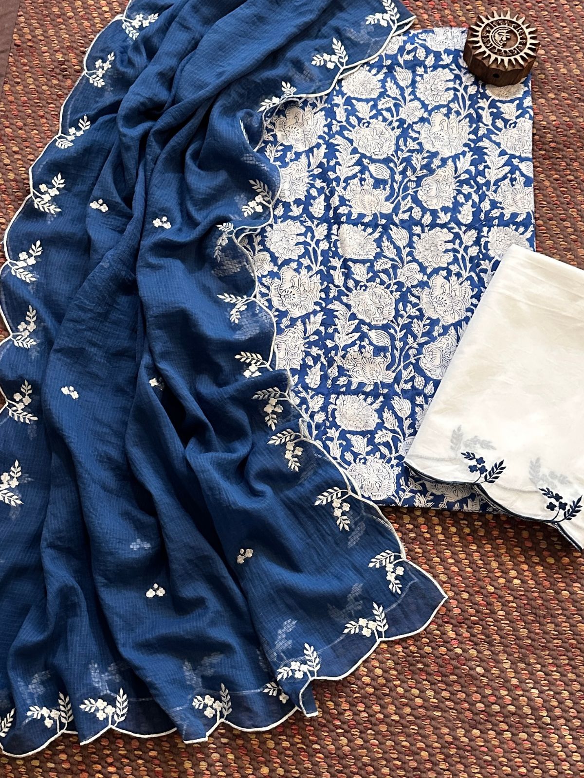Pure Cotton Hand-block Fabric with Embroidered Bottom & Kota Doria Dupatta