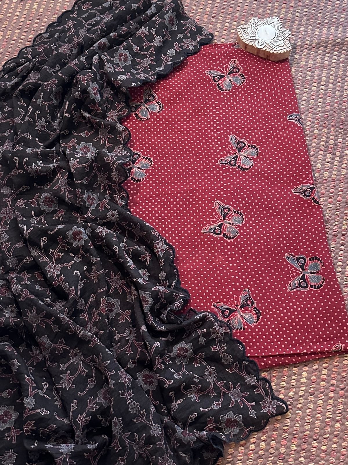 Ajrakh Cotton Malmal Handblocked Set- Top & Dupatta