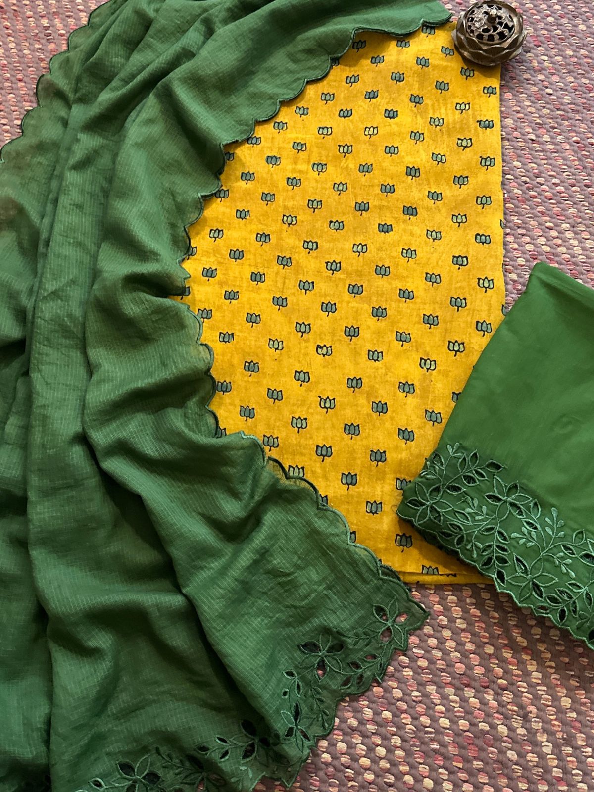 Pure Cotton Malmal  Hand-blocked Ajrak Fabric with Cutwork Bottom & Kota Doria Dupatta
