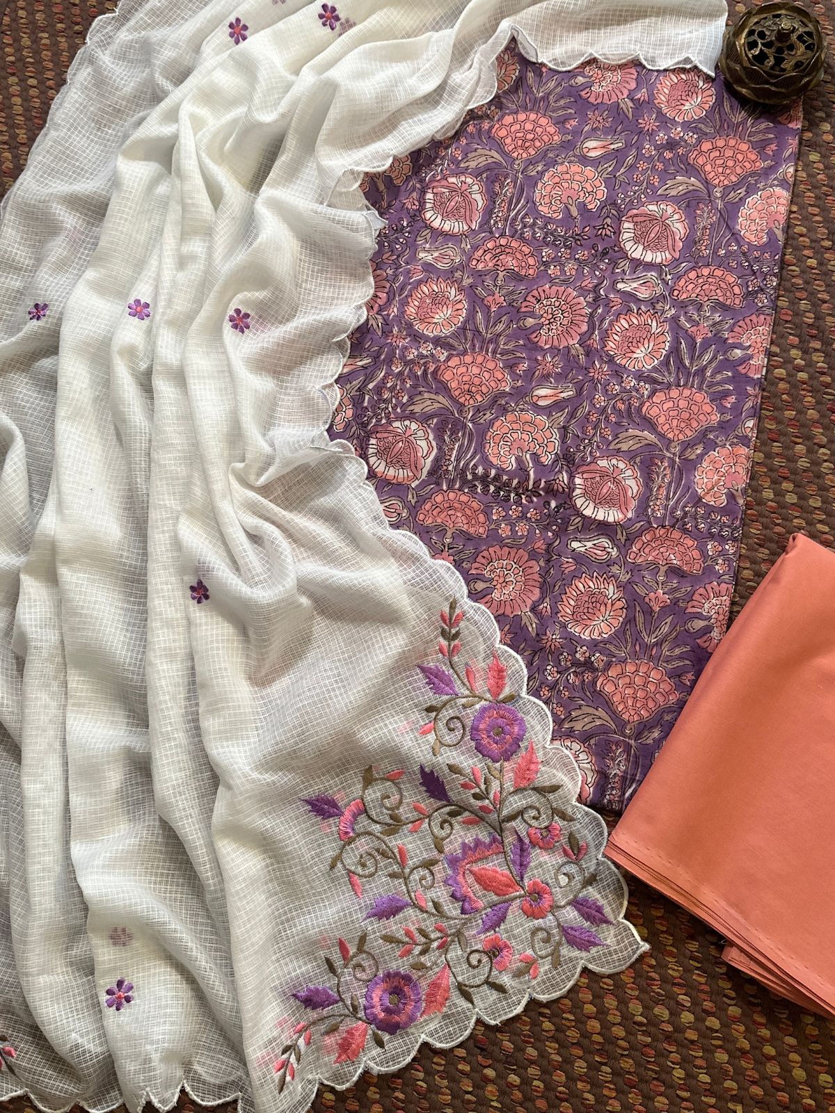 Pure Cotton Hand-block Fabric with Embroidered Bottom & Kota Doria Dupatta