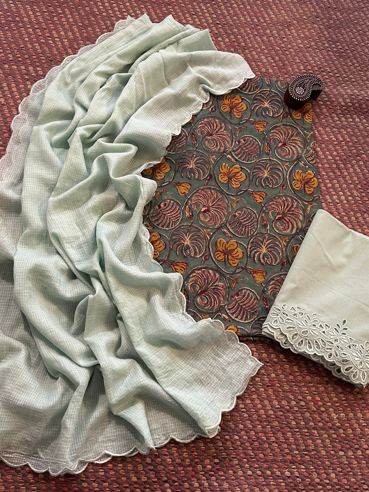 Pure Cotton Malmal Hand-blocked Fabric with Cutwork Bottom & Kota Doria Dupatta