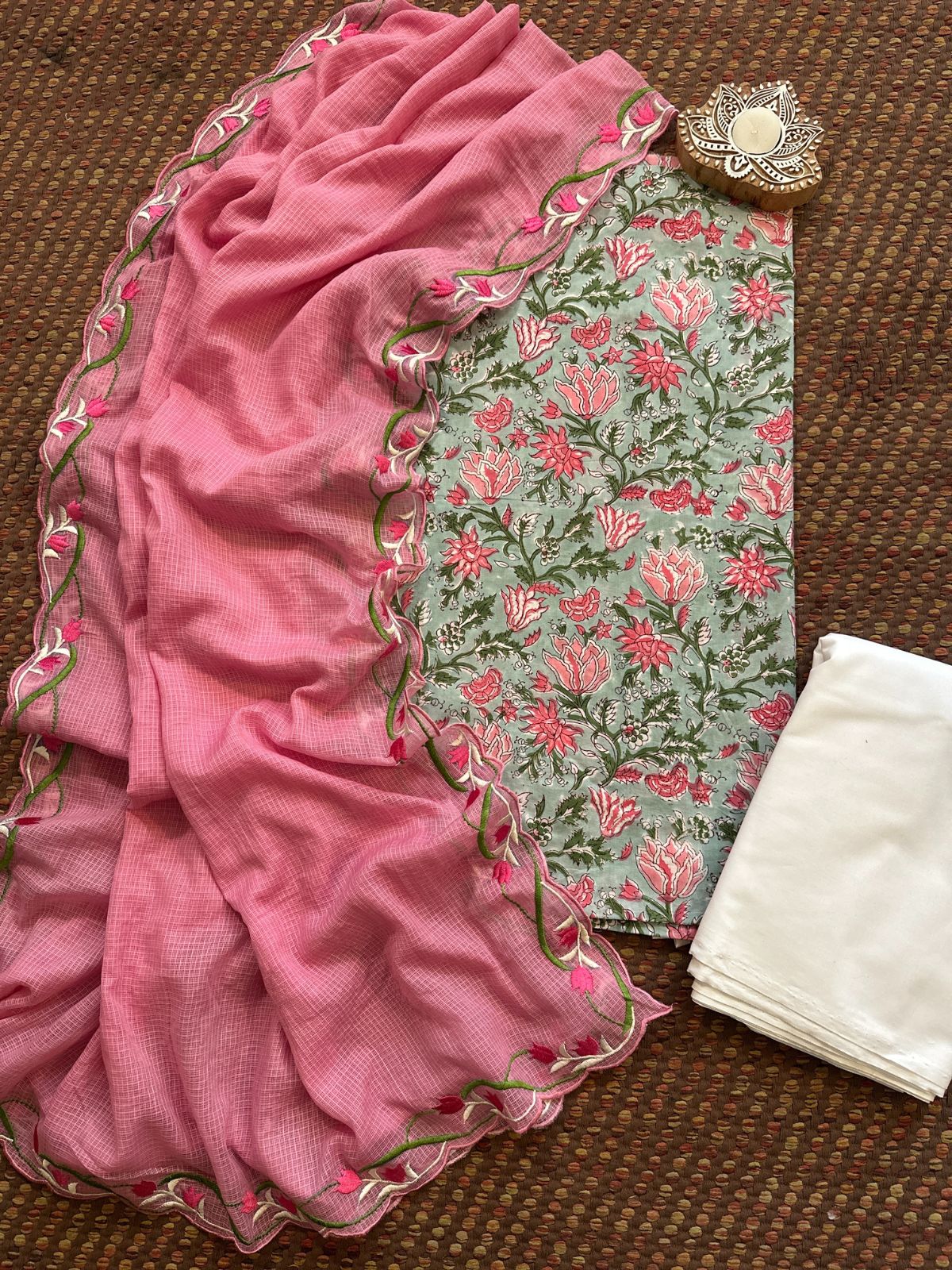 Pure Cotton Hand-blocked Fabric with Embroidered Dupatta