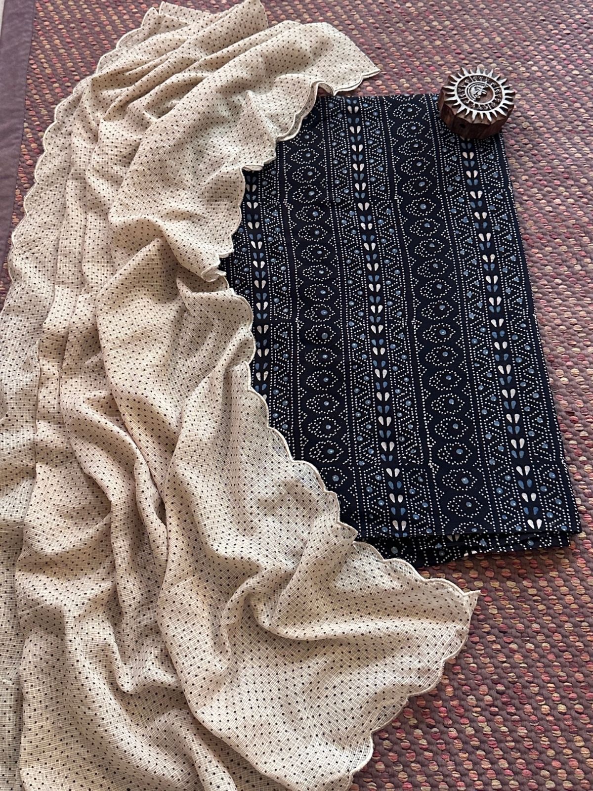 Ajrakh Cotton Malmal Handblocked Set- Top & Dupatta