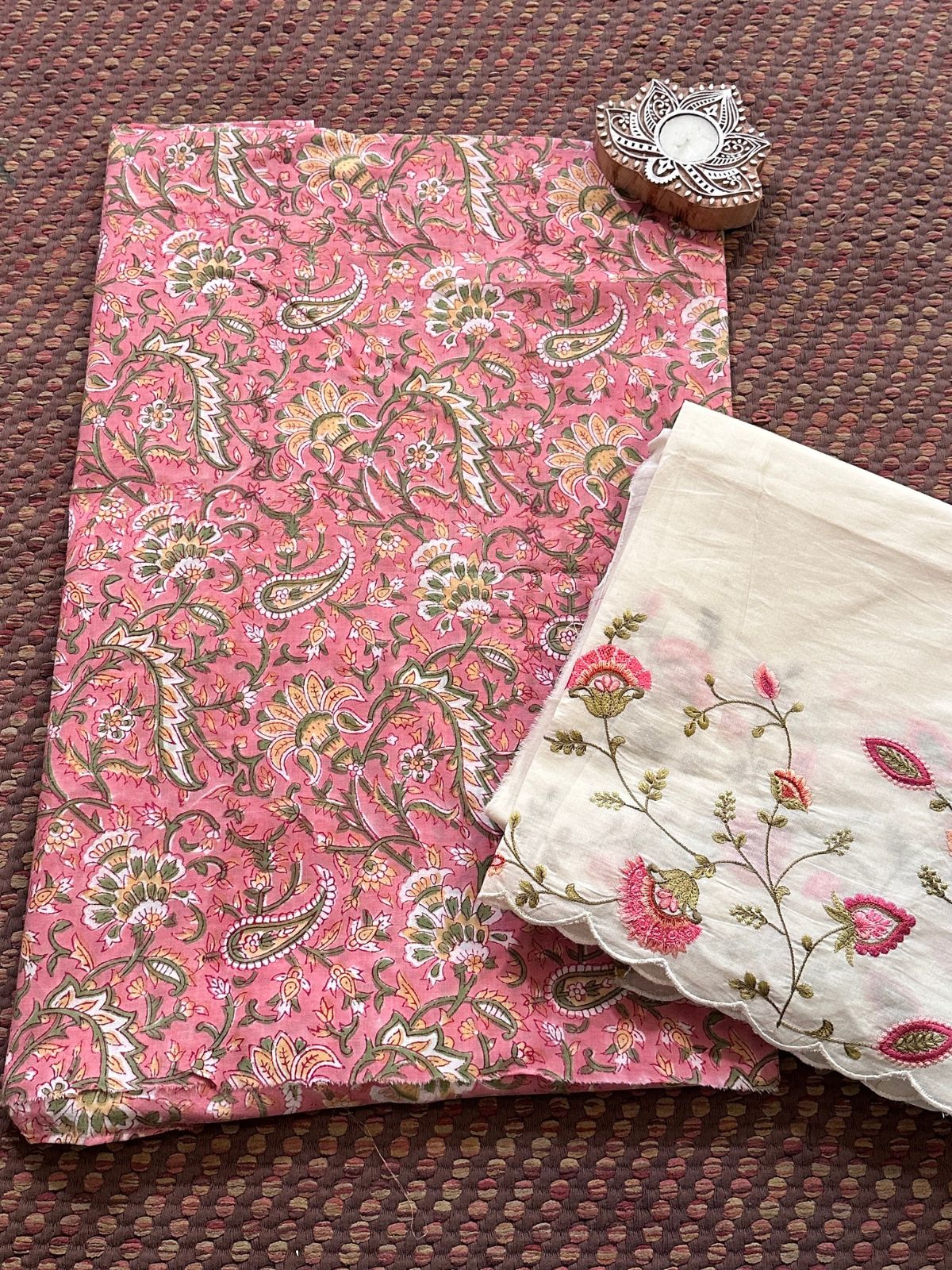 Pure Cotton Hand-blocked Fabric with Embroidered Bottom