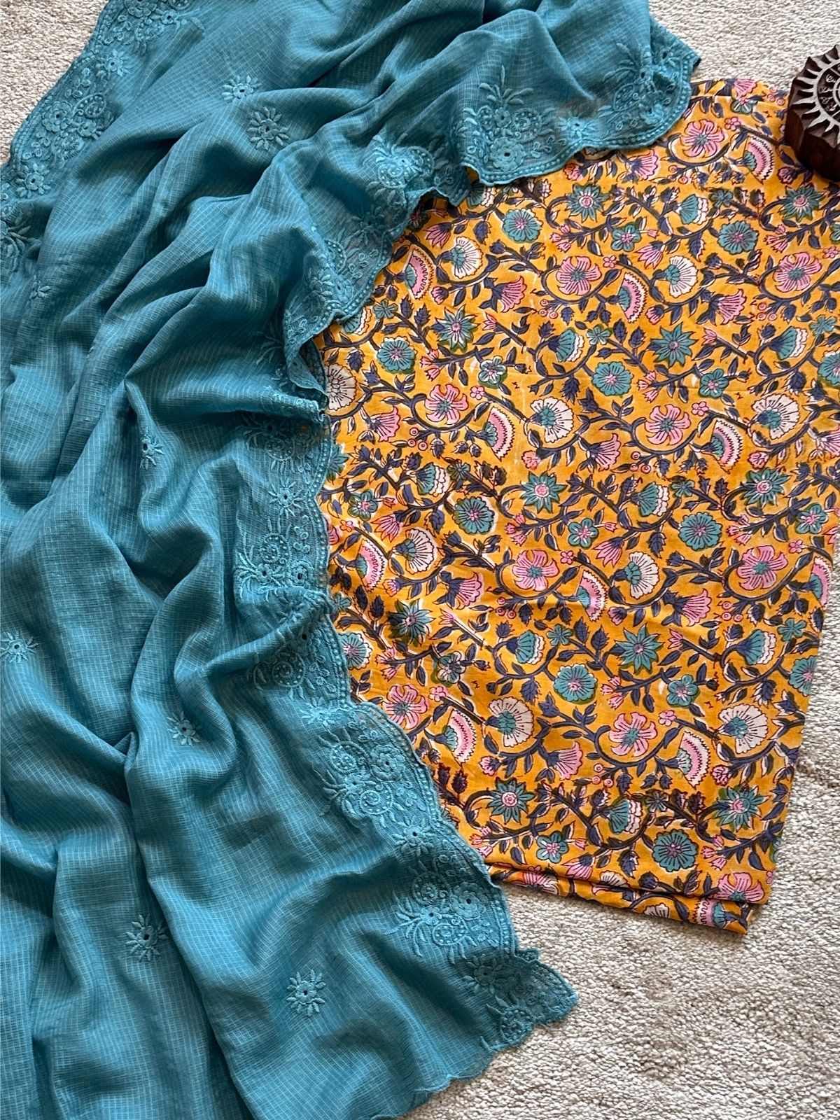 Kesari Set- Hand-block Fabric with Embroidered Dupatta