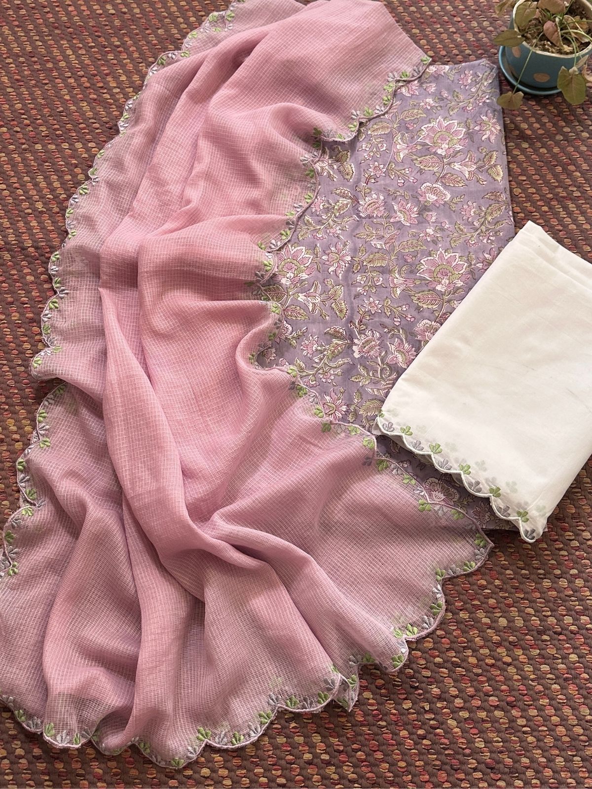 Pure Cotton Hand-block Fabric with Exclusive Embroidered Bottom & Kota Doria Dupatta