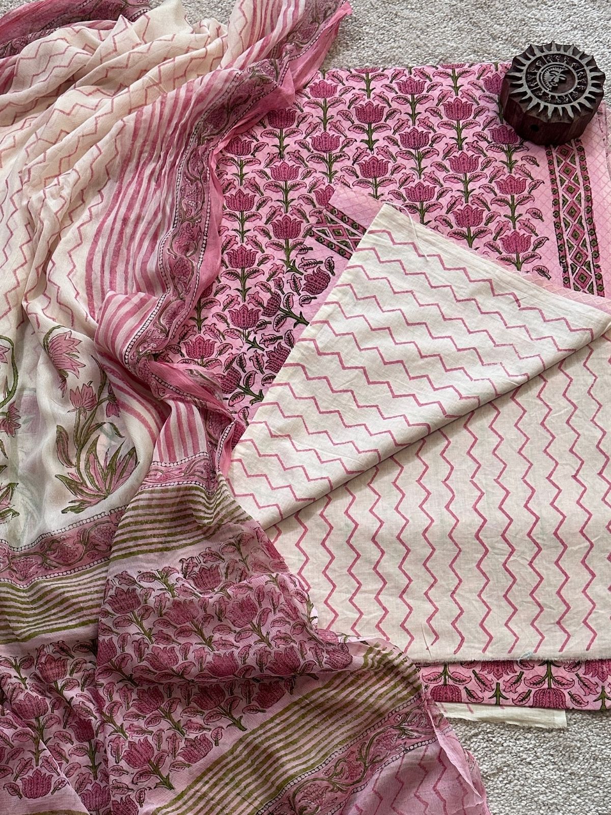 Pure Cotton Handblocked Unstitched Set with pure chiffon Dupatta