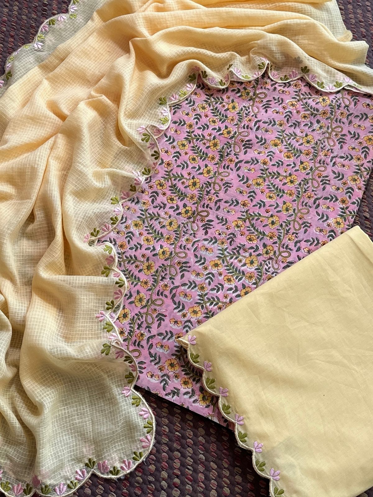 Pure Cotton Hand-block Fabric with Embroidered Bottom & Kota Doria Dupatta