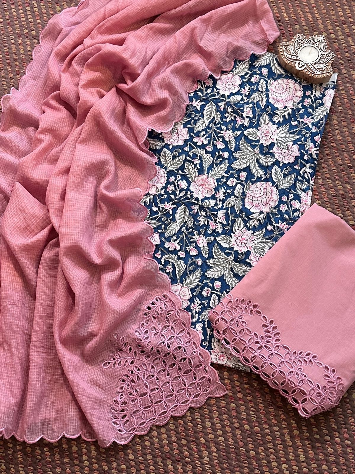 Pure Cotton Hand-blocked Fabric with Cutwork Bottom & Kota Doria Dupatta