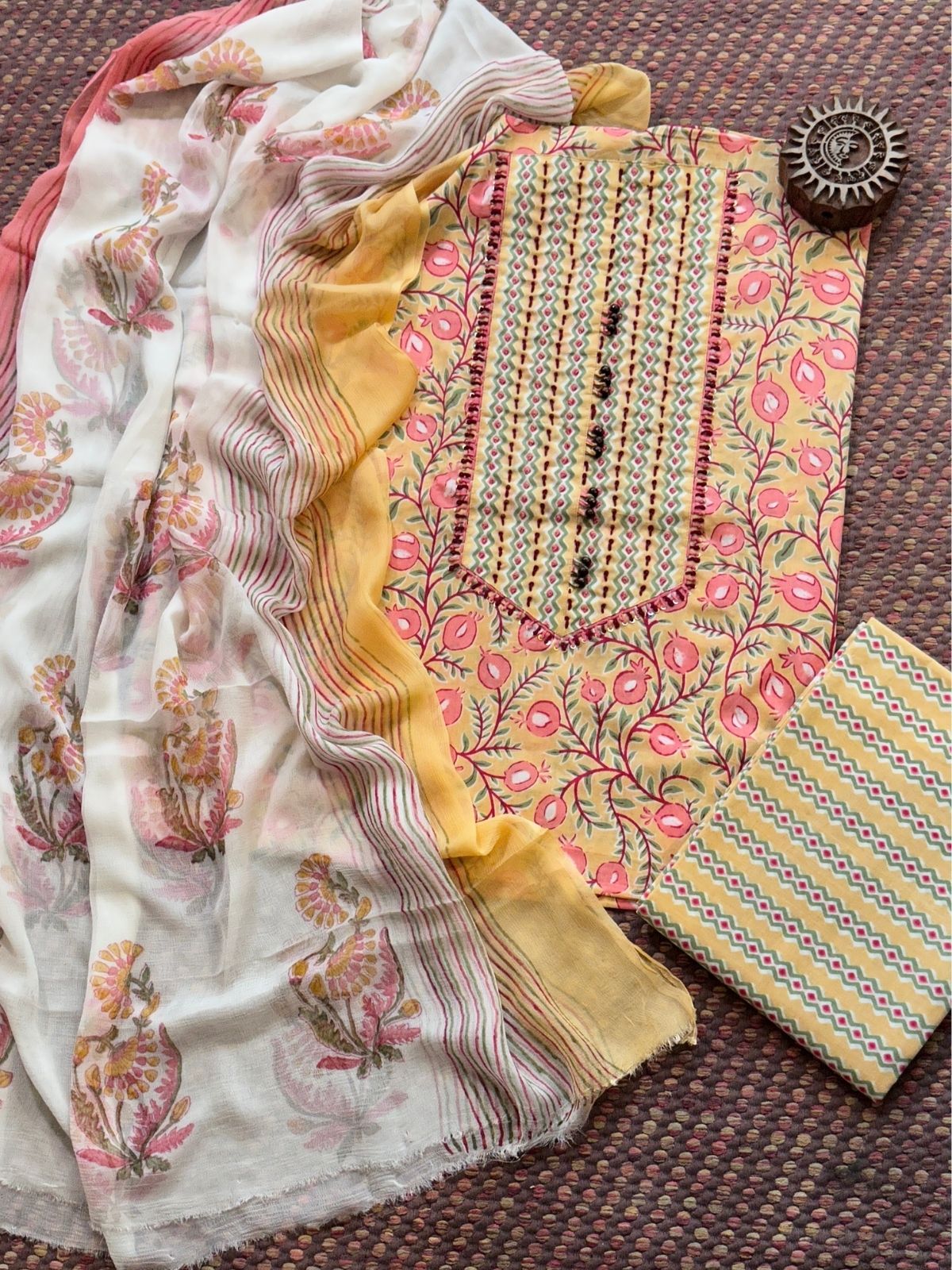 Pure Cotton Handblocked Unstitched Set with pure chiffon Dupatta