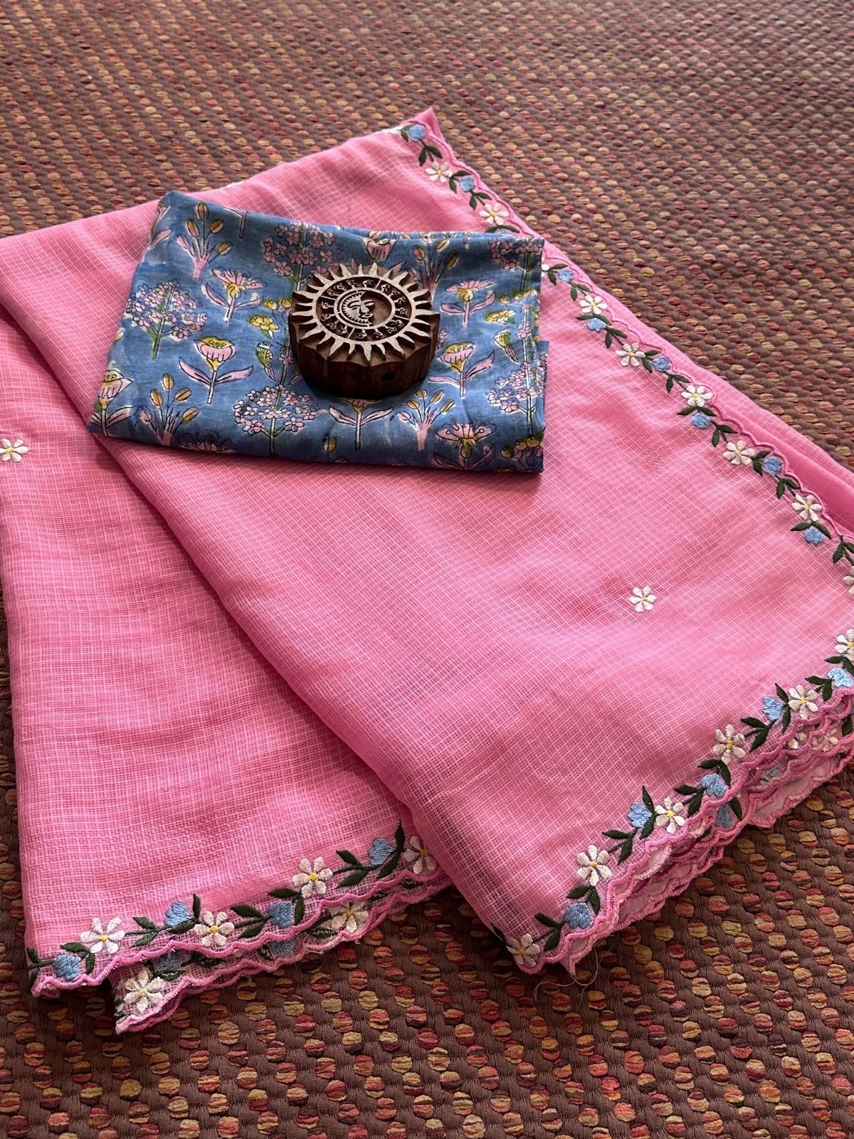 Kota Doria Embroidered Saree with Hand Block Blouse fabric