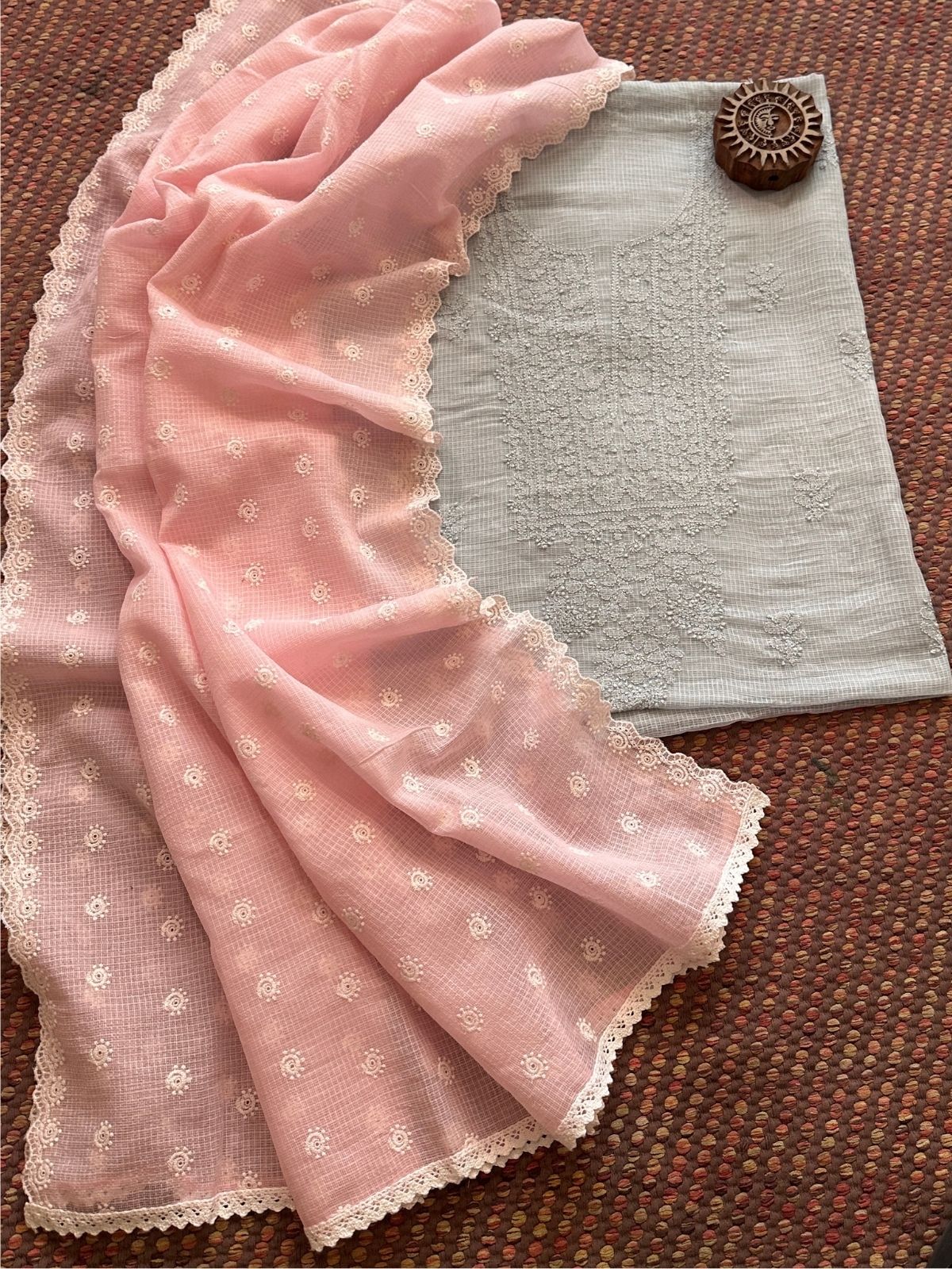 Chikankari Hand Embroidered Fabric with Embroidered Kota Dupatta