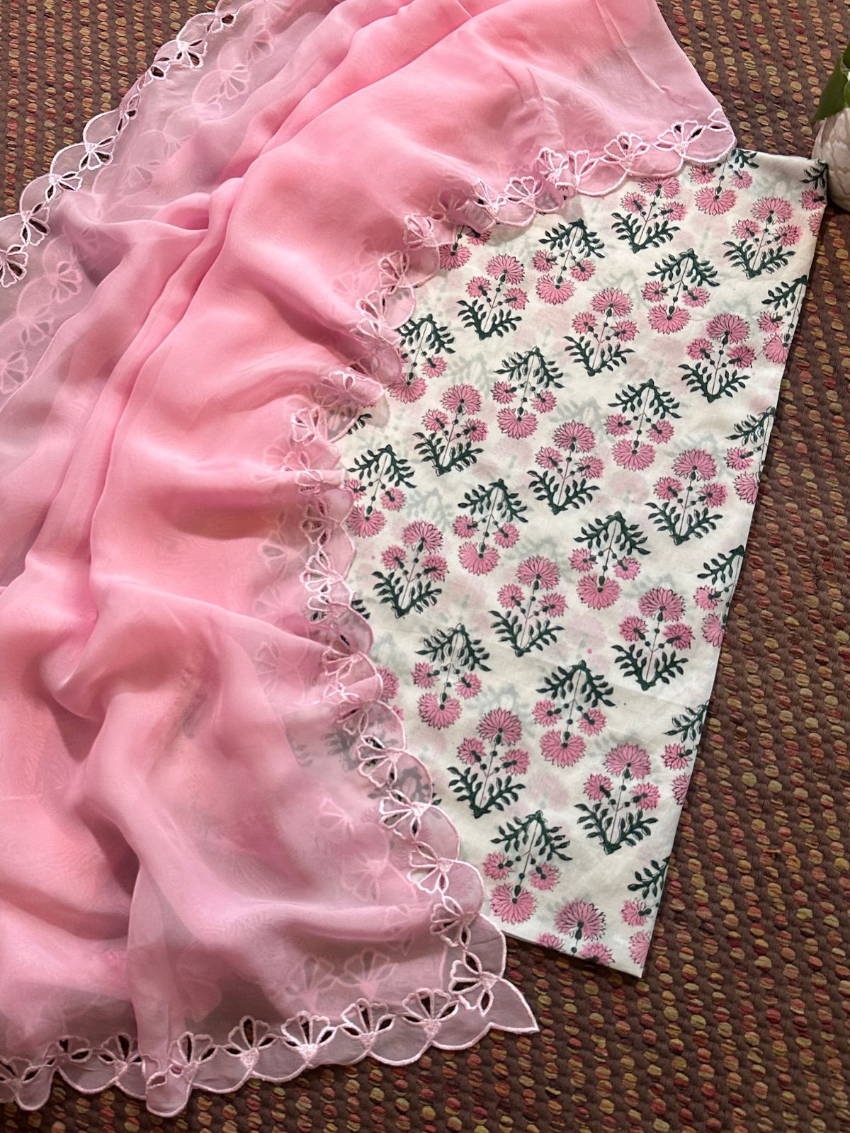 Pure Cotton Handblocked Fabric with Exclusive Cutwork Organza Dupatta