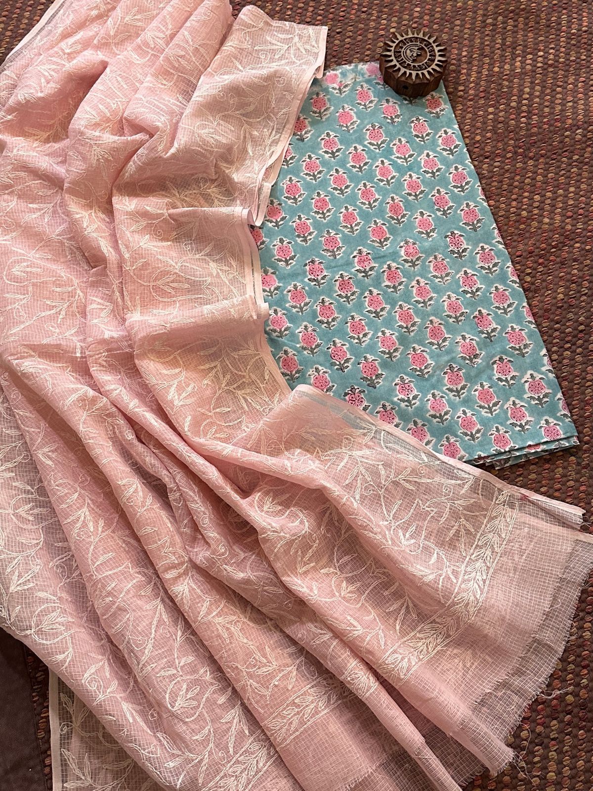 Pure Cotton Hand Blocked Fabric with Chikankari Dupatta