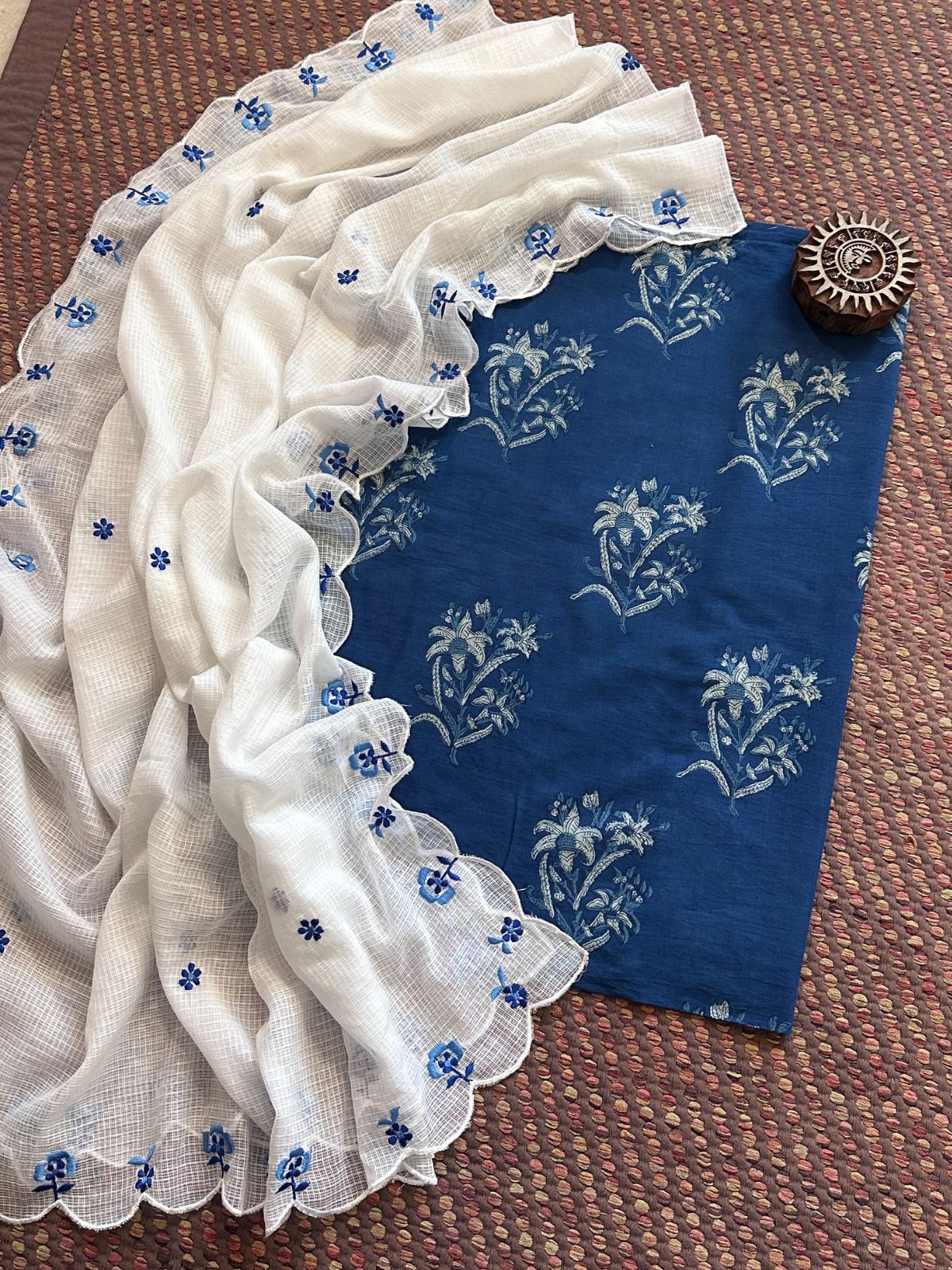 Pure Cotton Indigo Hand-block Fabric with Exclusive Embroidered Kota Doria Dupatta