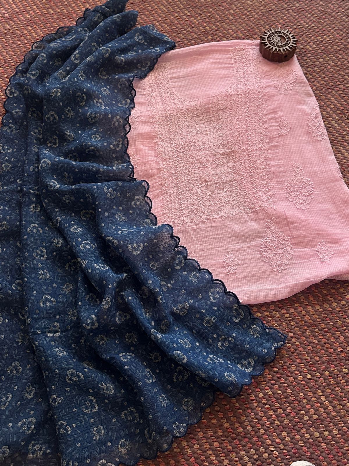 Chikankari Hand Embroidered Fabric with Indigo Hadblocked Kota Dupatta